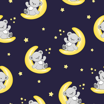 Seamless night pattern with cute Teddy bear on the moon. Baby print.