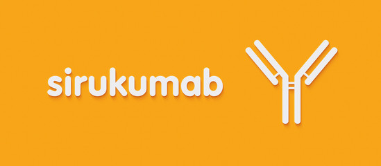 Sirukumab monoclonal antibody drug. Targets IL-6. Generic name and stylized antibody representation.