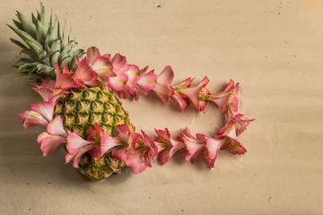 Foto op Plexiglas Hawaiian pineapple and fresh pink flower lei © BillionPhotos.com