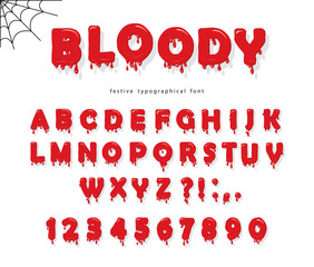 Halloween blood font. Abc bright red liquid letters and numbers.