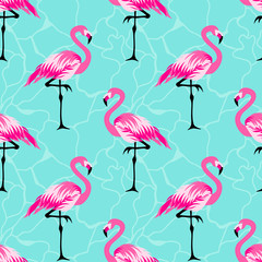 Seamless pattern with pink cute flamingo on a blue background © LilaloveDesign