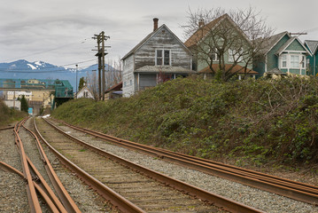 Fototapeta na wymiar Urban Railroad Tracks, Vancouver. Railroad tracks running through an urban centre.