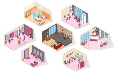 Big beauty salon rooms interior isometric set