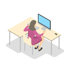 School girl working on the computer isometric