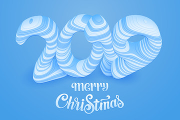 Vector blue paper cut Merry Christmas 2019. Numbers cut from paper. 3d paper craft with shadows. Vector abstract modern illustration.