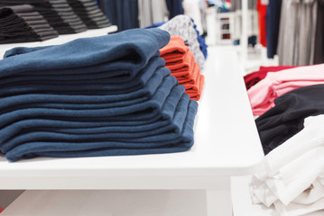 Clothing on the counter in the store, close-up