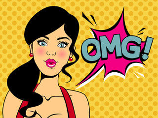 Surprised girl saying wow. Pop art character