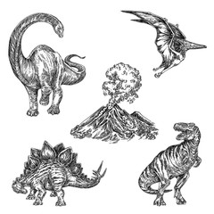 Beautiful set of prehistoric animals. Diplodocus, tyrannosaurus, pteranodon, stegosaurus and volcano. © KseniaKrop