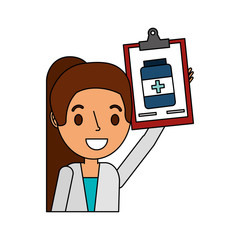 doctor female with checklist and drugs bottle