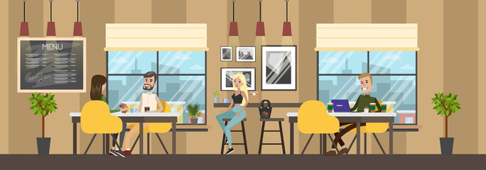 Bakery cafe interior with clients eating baked products