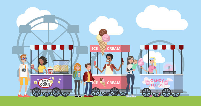 Amusement park with pop corn, ice cream and cotton candy