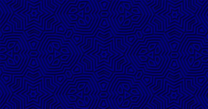 Deep royal navy blue geometric background. Abstract shapes looped move. Kaleidoscope of flower with islamic ornament motif. Stylish modern motion design. Decoration pattern, effect of cutting paper
