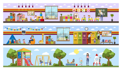 Kindergarten or nursery building interior with children