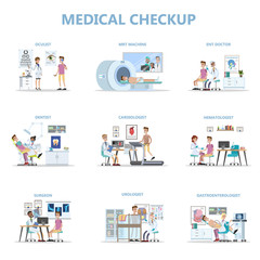 Fototapeta na wymiar Full medical checkup set with patient and doctors