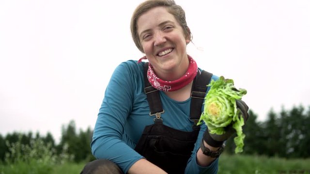 Young female farmer holding a bundle of lettuce, laughs at the camera, puts down the bundle, and continues picking through more 
