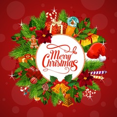 Christmas gifts on wreath vector greetings