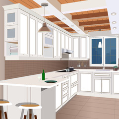 Kitchen interior background with furniture. Design of modern kitchen. Kitchen illustration