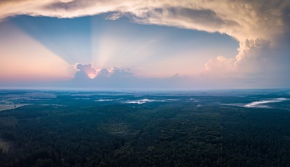 Obraz premium Beautiful misty evening panoramic landscape photographed from drone