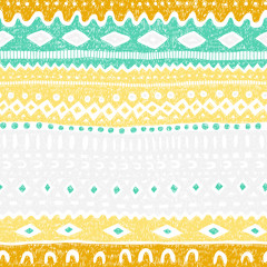Seamless ethnic striped pattern. Chaotic lines with a pencil. Grunge vintage texture. Tribal and aztec motifs. Yellow, white, gray, blue and mustard colors. Vector illustration.