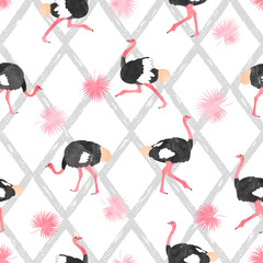 Seamless trendy pattern with watercolor ostrich and palm leaves.