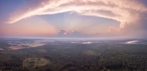 Beautiful misty evening panoramic landscape photographed from drone