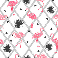 Seamless tropical trendy pattern with watercolor abstract flamingos, triangles and palm leaves.