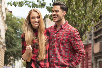 Fototapeta premium Smiling beautiful couple dating outdoors.