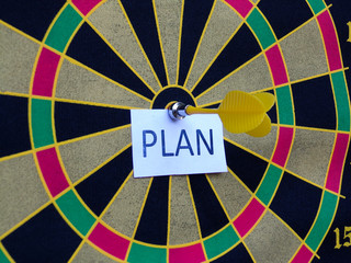 Concept of achieving a goal. Dart game with dart on paper that write: PLAN word for goals concept....