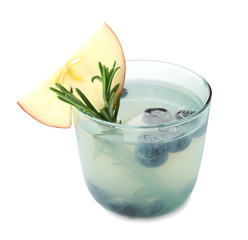Glass of refreshing blueberry cocktail with rosemary on white background