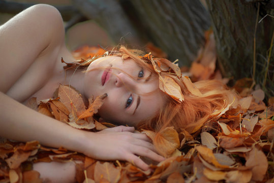 Sch&ouml;nes sexy reizendes junges M&auml;dchen, das auf goldenem Herbstlaub liegt, bedeckt mit bunten herbstlichen Bl&auml;ttern, im Park, mit freundlichem L&auml;cheln im Gesicht.