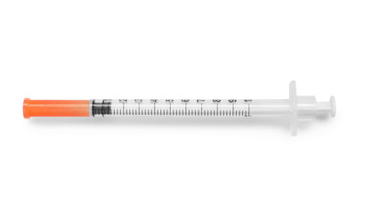 Empty syringe on white background, top view. Medical treatment