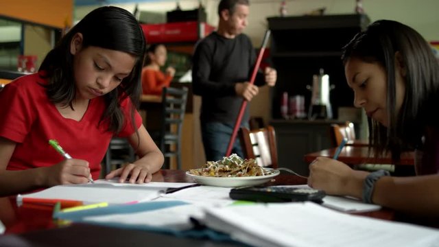 Three young Hispanic girls do their homework and share a plate of nachos, while their father sweeps the floors and sings into the broom in the background