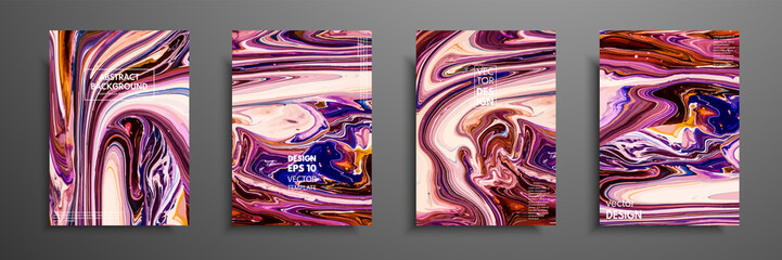 Covers with acrylic liquid textures. Colorful abstract composition. Modern artwork. Vector illustrations with mixed blue, purple, brown and white color. Applicable for design placard, flyer, poster.