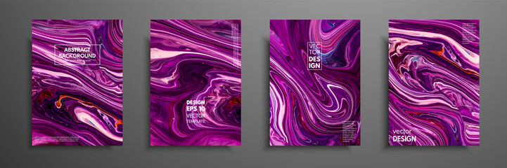 Flyer layout template with mixture of acrylic paints. Liquid marble texture. Fluid art. Applicable for design cover, flyer, poster, placard. Mixed blue, purple and orange paints