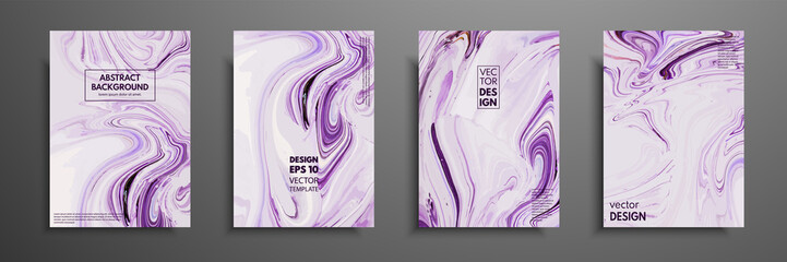 Flyer layout template with mixture of acrylic paints. Liquid marble texture. Fluid art. Applicable for design cover, flyer, poster, placard. Mixed blue, purple and white paints