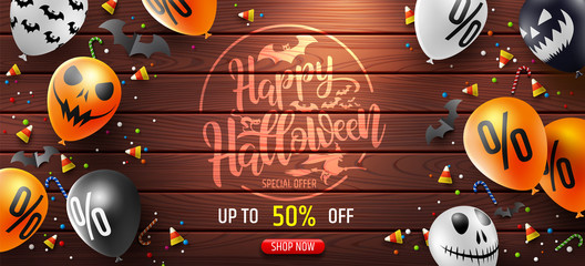 Halloween Sale Promotion Poster with candy and Halloween Ghost Balloons on vintage wooden board.Scary air balloons on wood background.Website spooky or banner  template.Vector illustration EPS10