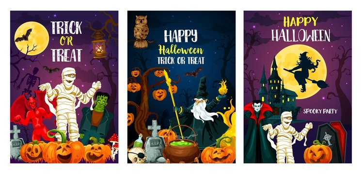 Vector Halloween trcik or treat party posters