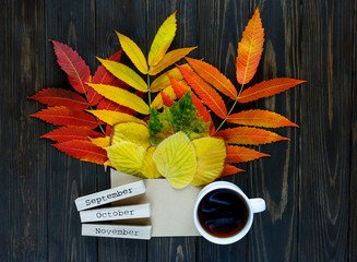 Autumn composition with envelope and leaves in it next to bars with names of months: september,...