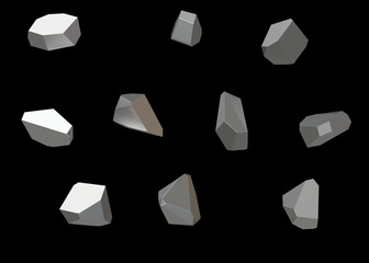 Crystal Stone gem macro mineral collection set of 10 units, quartz on black background. 3d illustration