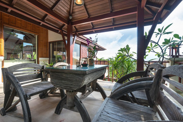 Luxury interior design in living room of pool villas.  wooden dining table , home, house
