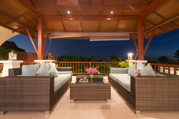 Luxury interior design in living room of pool villas.  wooden dining table , home, house