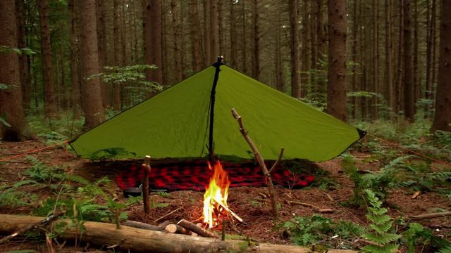 Raging campfire in front of bushcraft style tarp setup. Footage of a campsite deep in the forest wilderness.