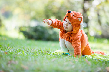 Cute baby girl dressed in fox costume crawling in park and pointing at something