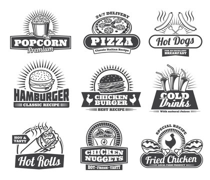 Fast food meals, pizza and snacks retro icons