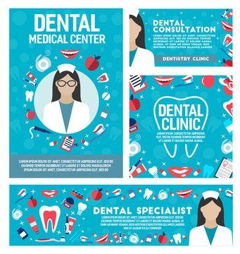 Dental clinic and dentistry doctor vector posters
