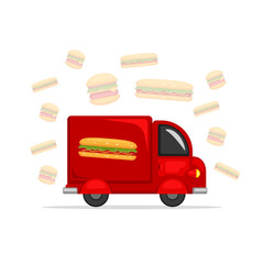 Hotdog food van truck delivery street food vector cartoon illustration funny style