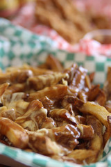Canadian poutine with cheese melting over fries with beef gravy