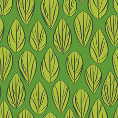 Seamless vector floral pattern with abstract leaves in monotone green. Directional print.