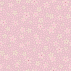 Seamless vector floral pattern with abstract small flowers and leaves in baby-pink colors. Ditsy print.