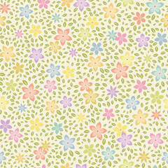 Seamless vector floral pattern with abstract small flowers and leaves in pastel colors. Ditsy print.
